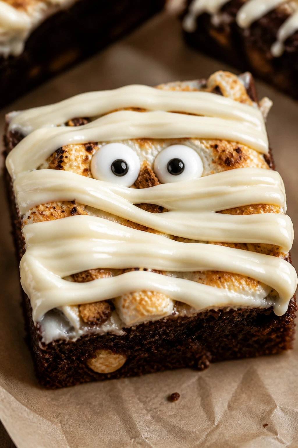 Close-up of S’mores Mummy Brownies with toasted marshmallows and white drizzle