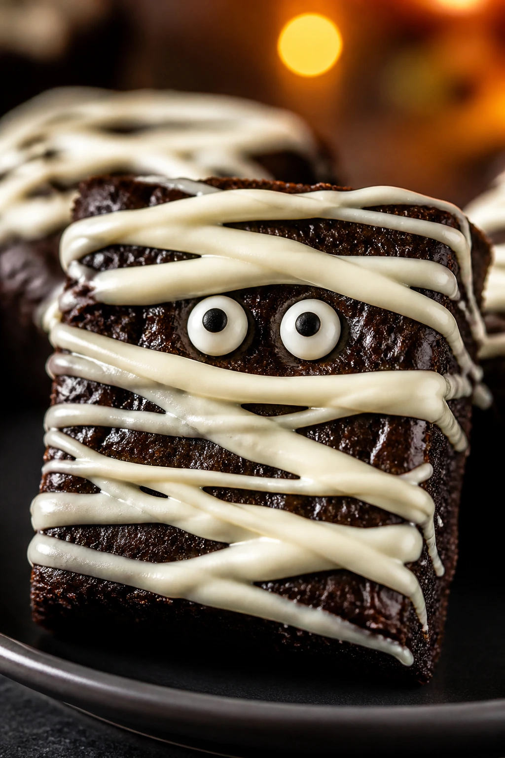 Close-up of mummy brownie with white drizzle and candy eyes on a dark plate