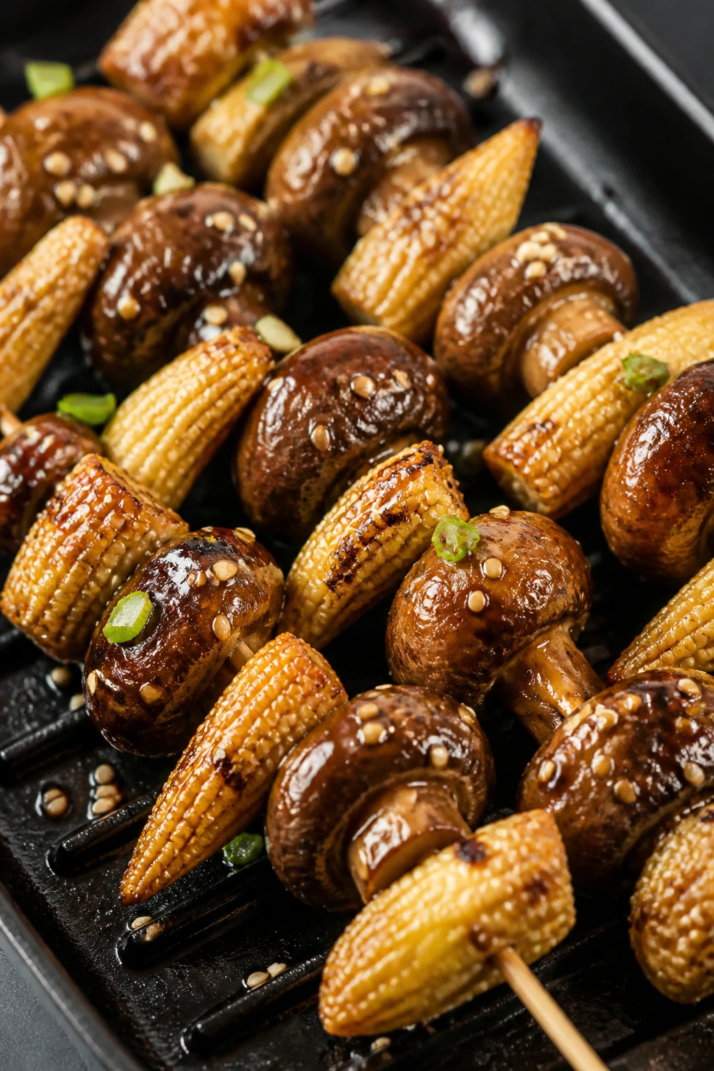 Close-up of Sesame-Ginger Mushroom and Baby Corn Kabobs on skewers