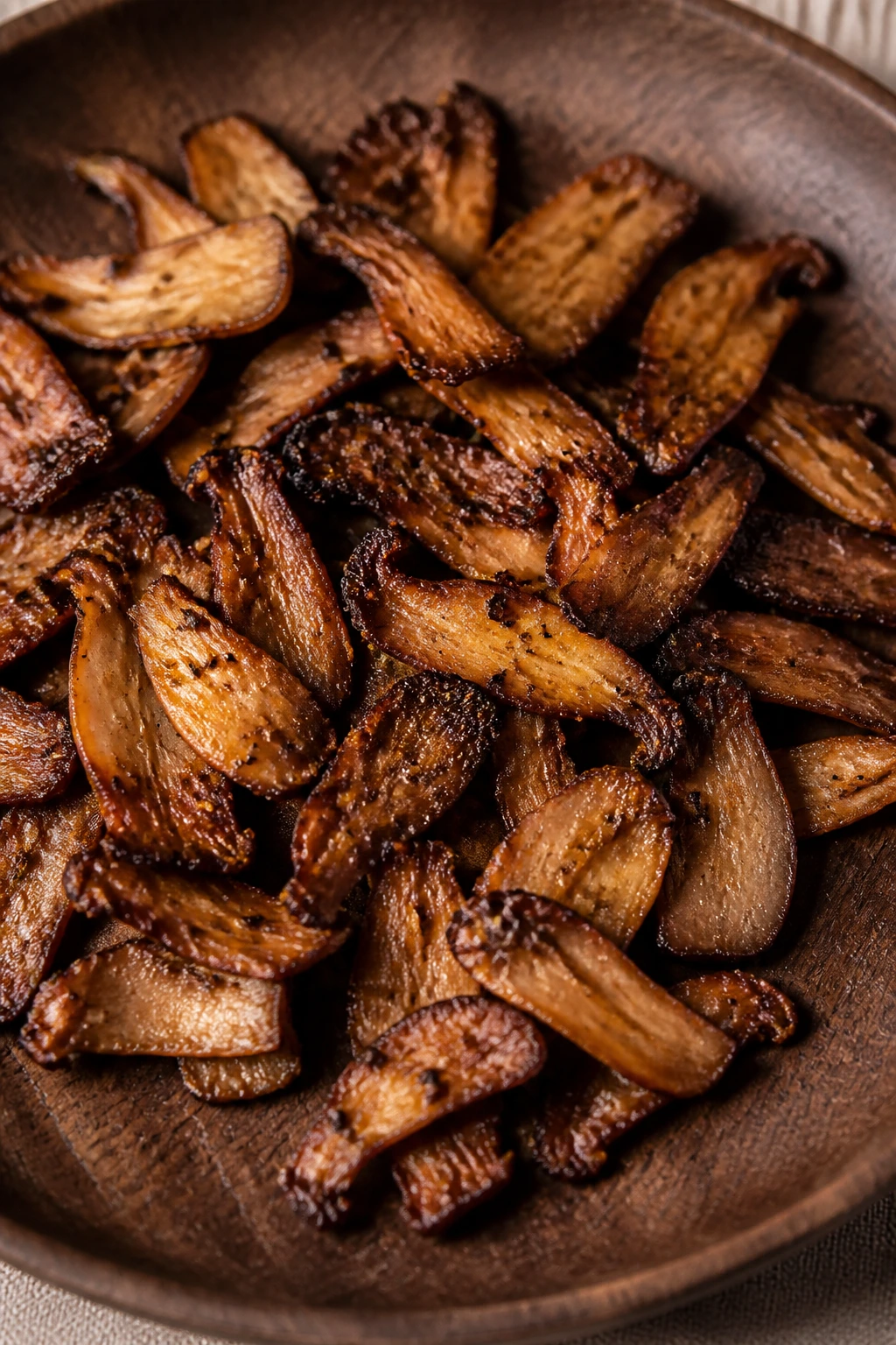 Close-up of king oyster mushroom bacon bits on a dark wooden surface