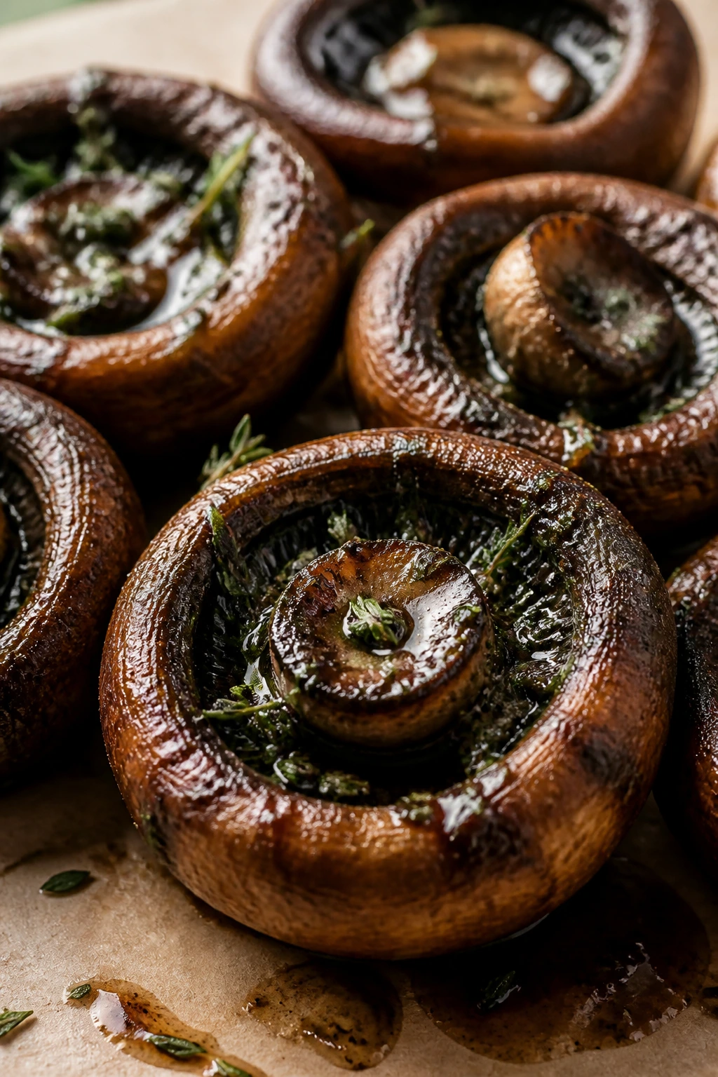 Glossy balsamic glazed mushroom caps with herbs