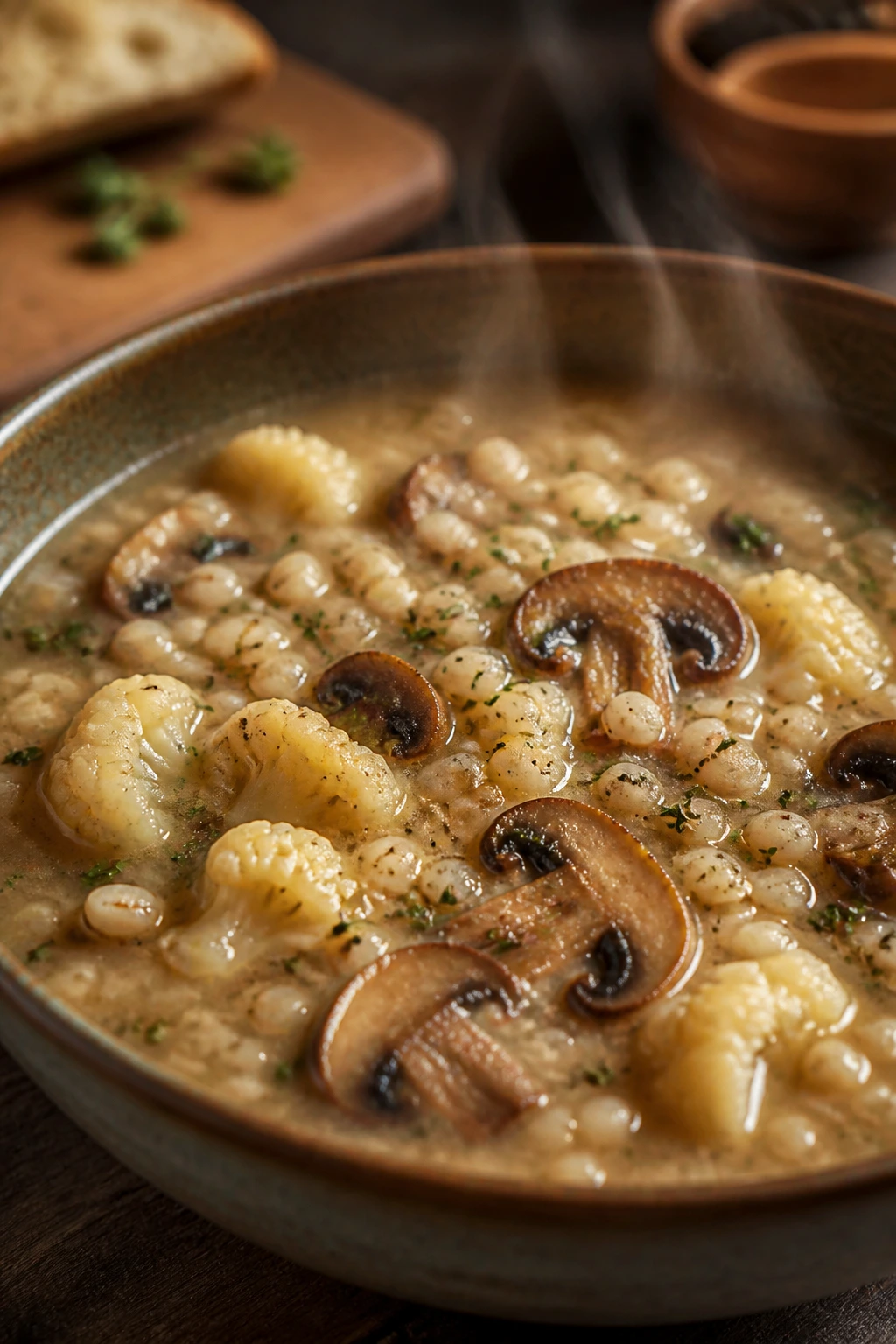 Earthy mushroom barley cauliflower soup in a cozy kitchen