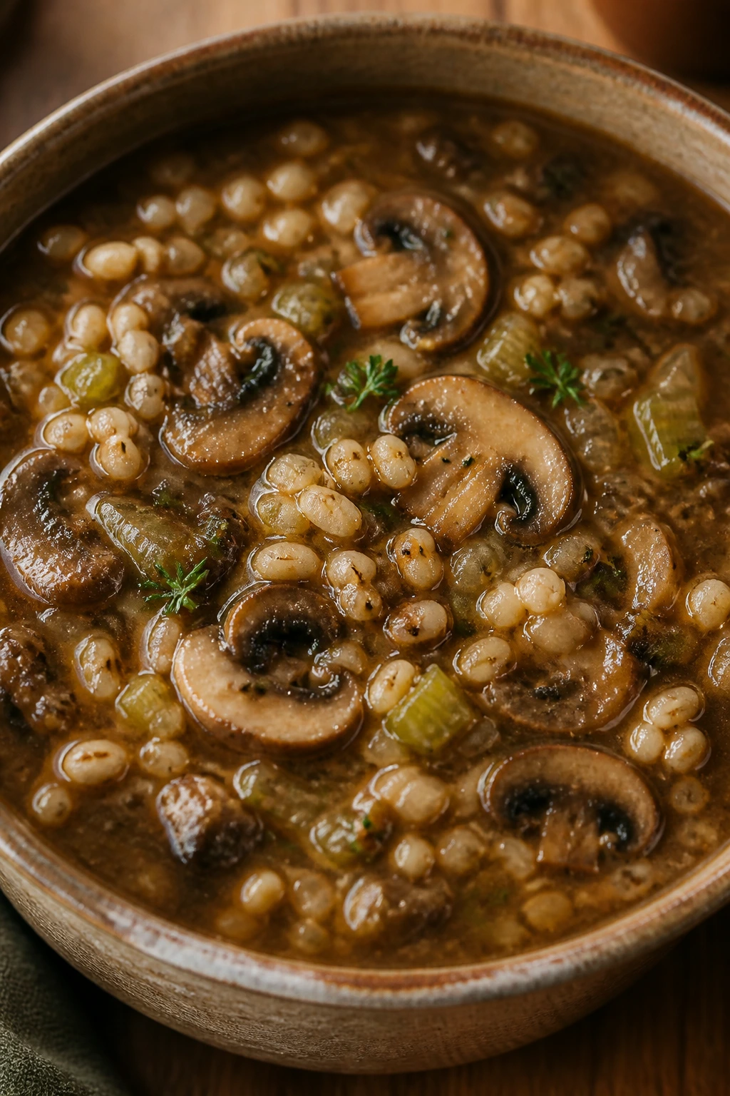 Close-up of Mushroom and Barley Chowder with cremini mushrooms and barley in a rich broth
