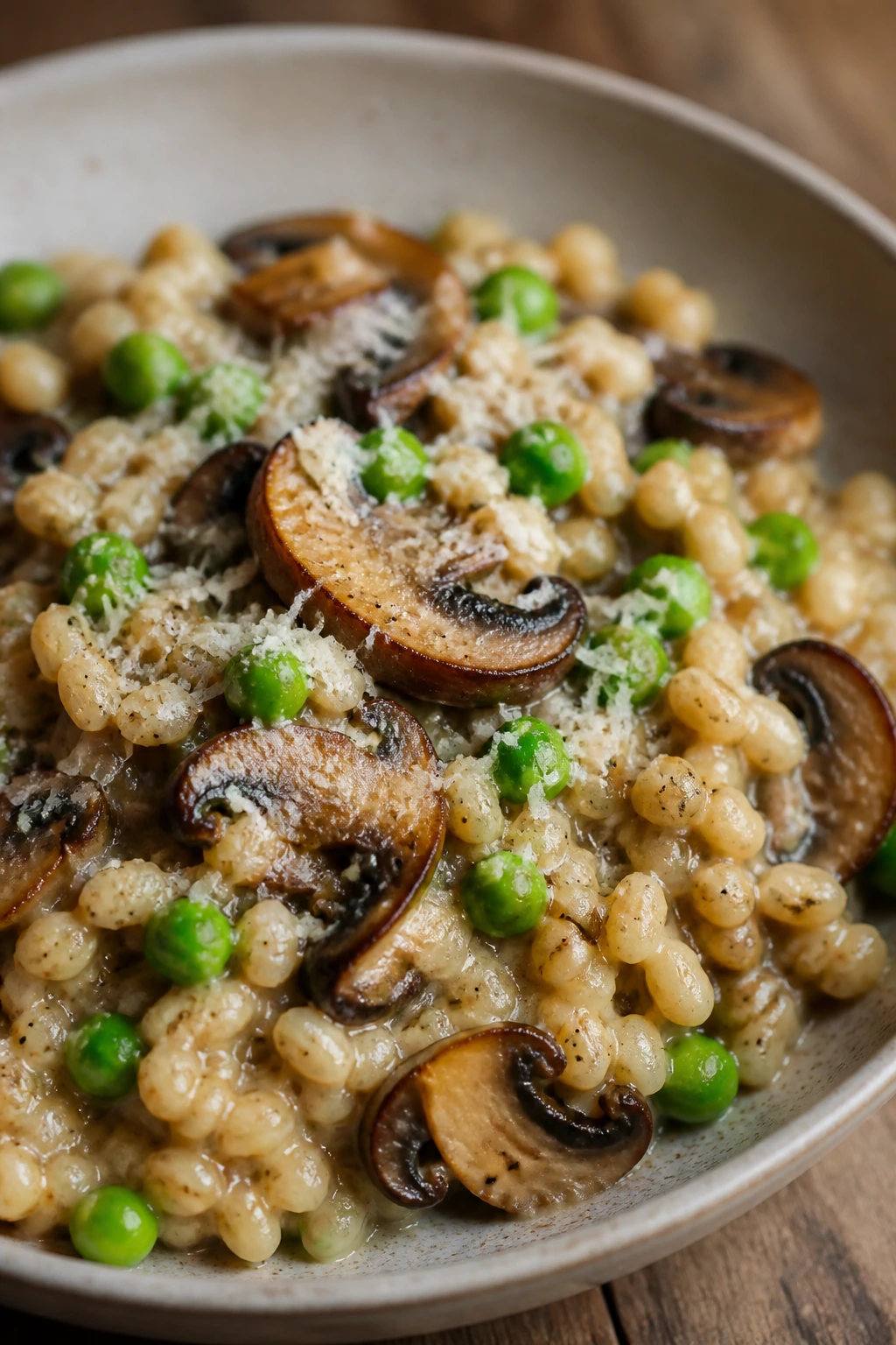 Close-up of mushroom barley risotto with peas in a bowl