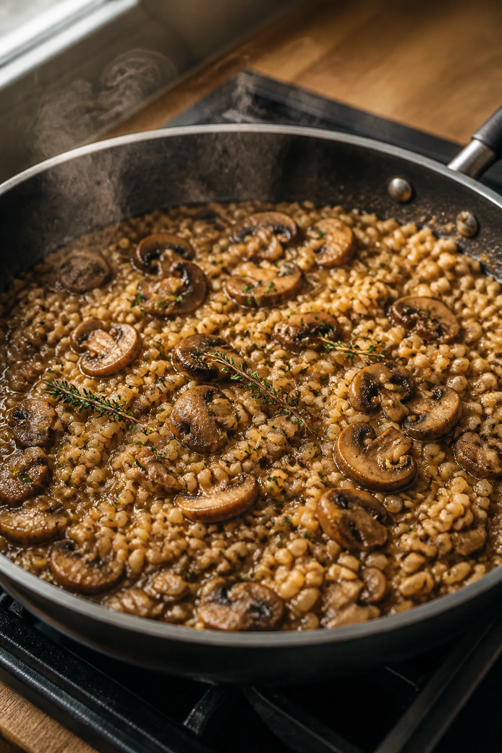 Close-up of mushroom barley skillet with thyme on a kitchen counter