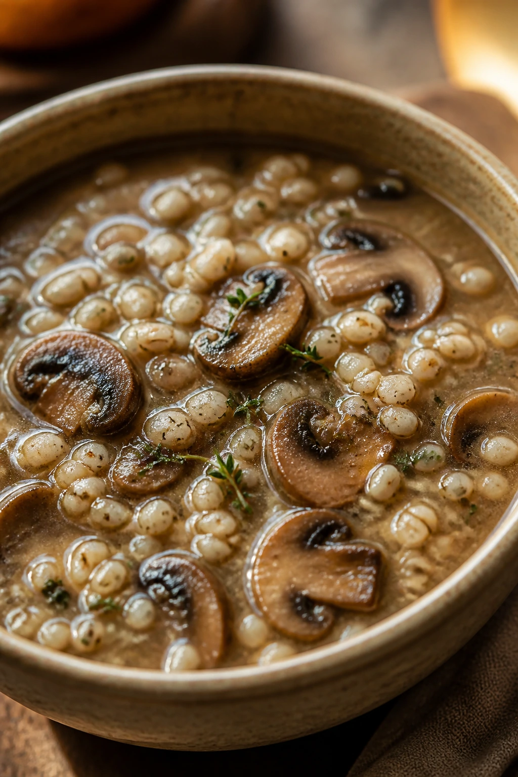 Close-up of mushroom and barley soup in a rustic bowl
