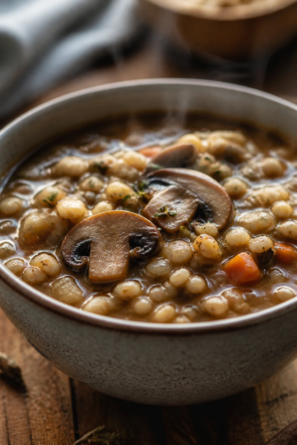 Close-up of mushroom barley soup in a bowl with mushrooms and barley