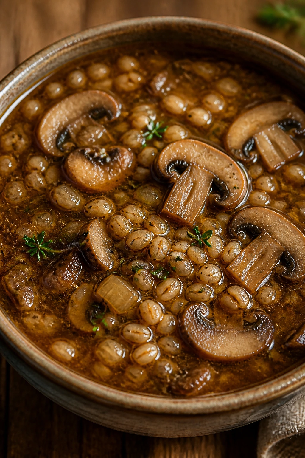 Deep mushroom barley soup with barley and mushrooms in a rustic bowl
