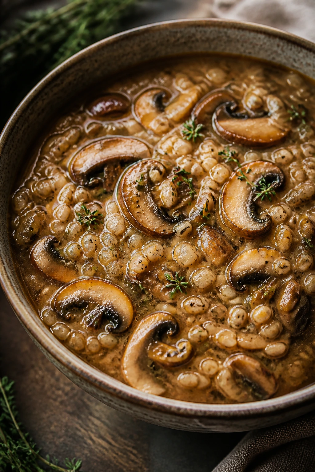 Close-up of mushroom barley soup with mushrooms and barley