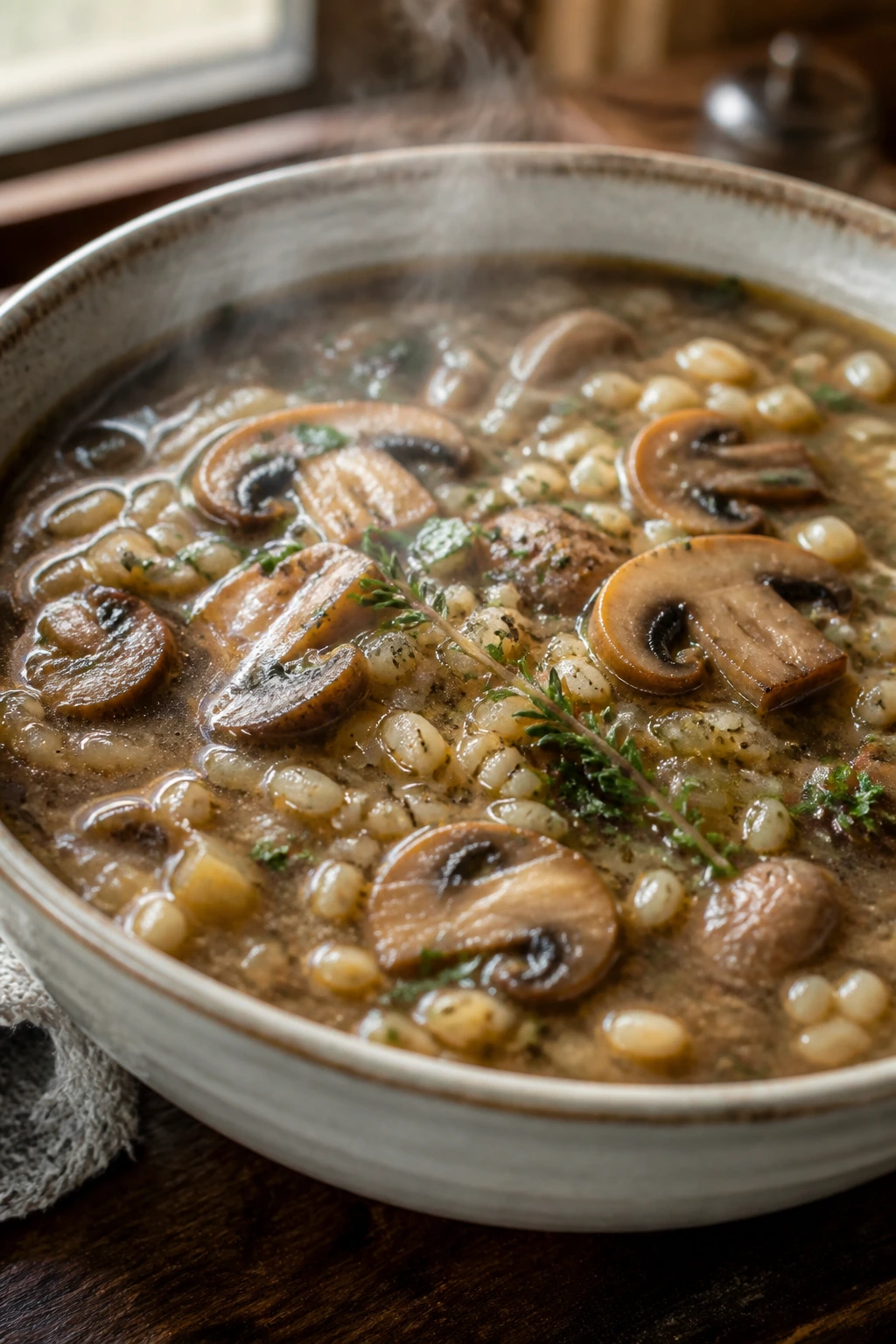 Close-up of steaming mushroom barley soup with mushrooms and barley in a rich broth