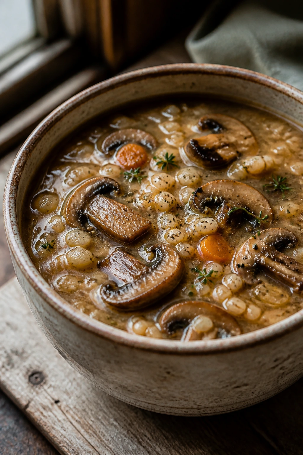 Close-up of hearty mushroom barley soup with mushrooms and barley in a ceramic bowl