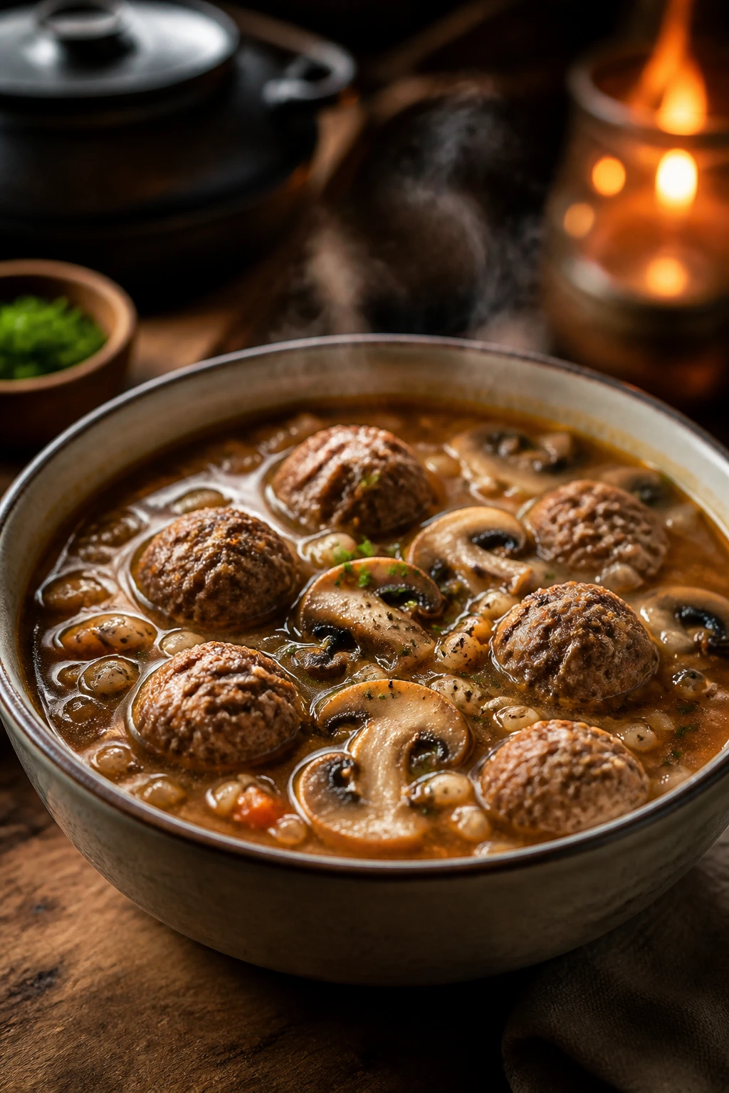 Steaming bowl of mushroom barley meatball soup with meatballs barley and mushrooms