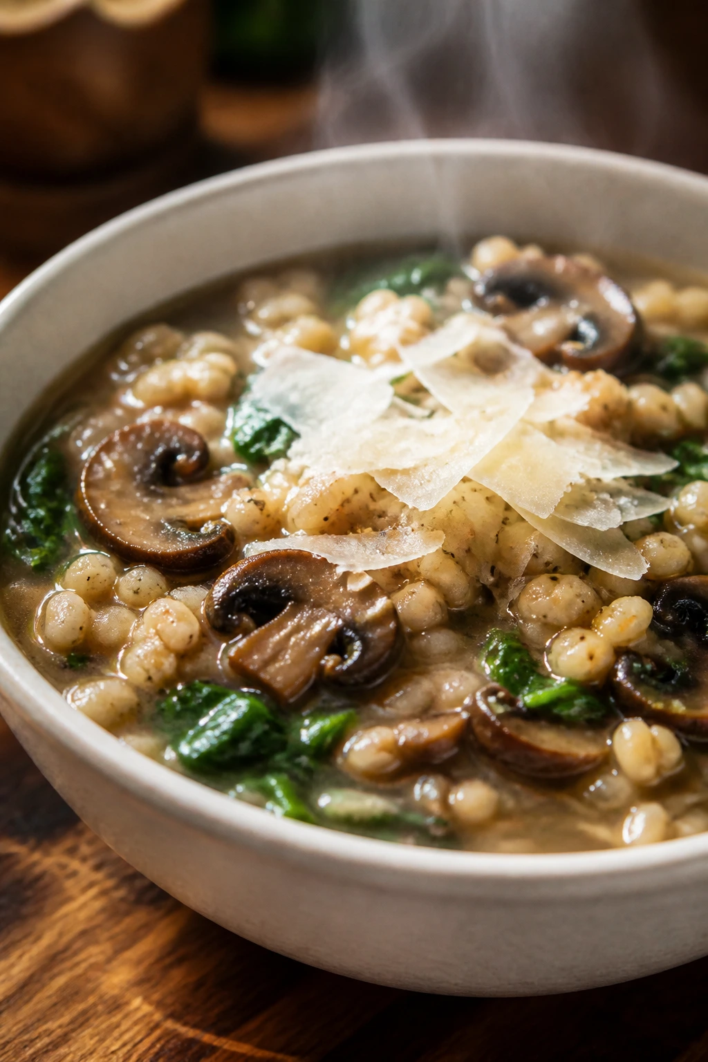 Bowl of mushroom barley soup with parmesan on a wooden table