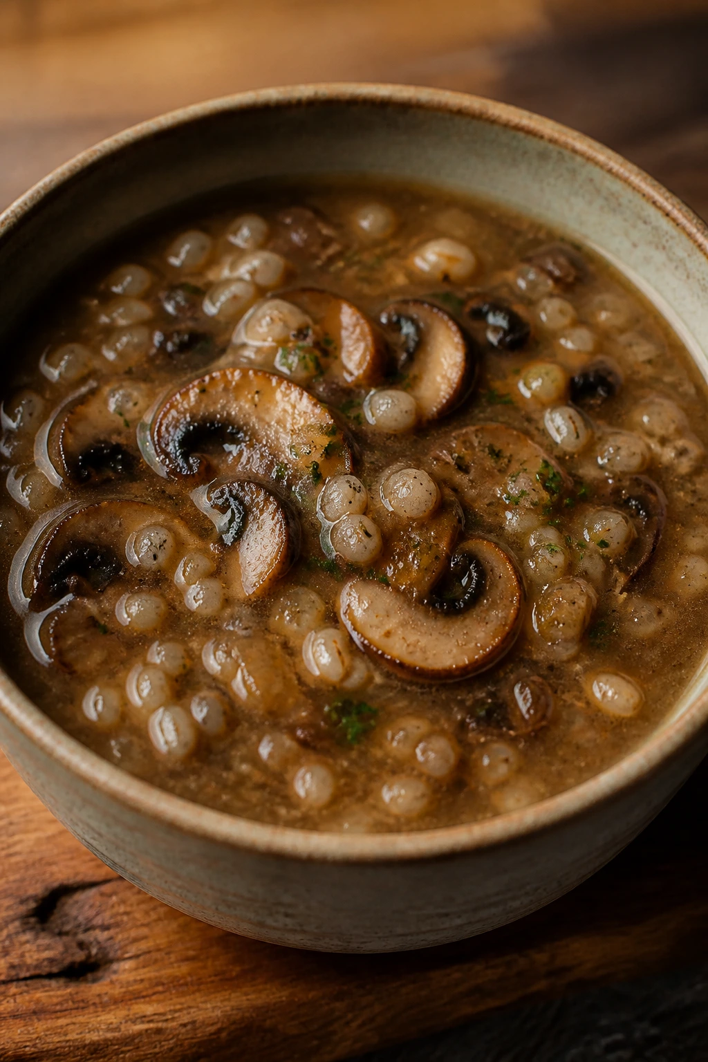 Close-up of steaming mushroom and barley soup with browned mushrooms and barley