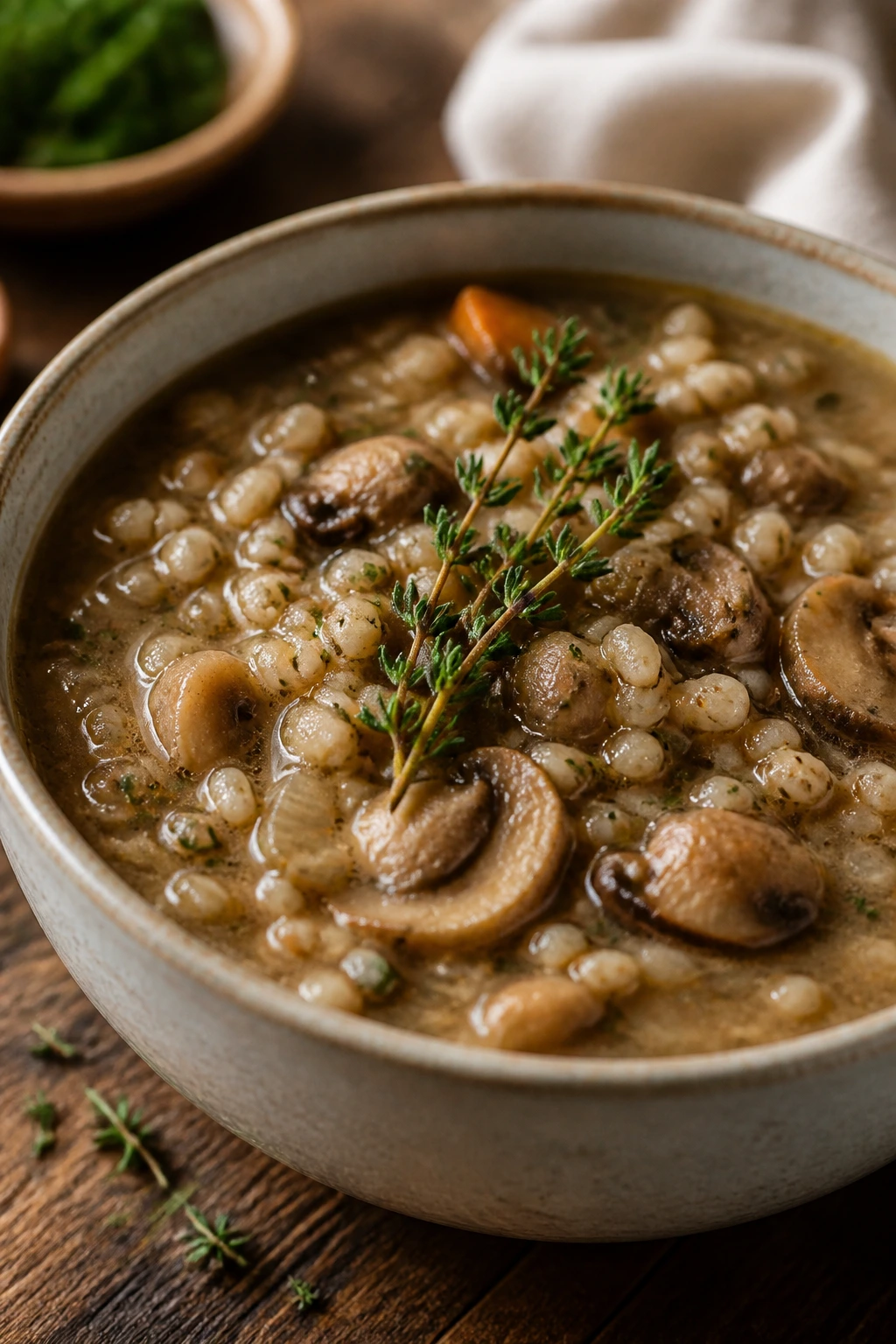 Hearty mushroom barley soup with thyme in a bowl on a wooden table.