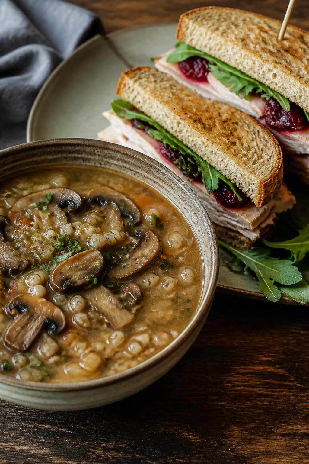 Mushroom barley soup with turkey cranberry sandwiches on a cozy table