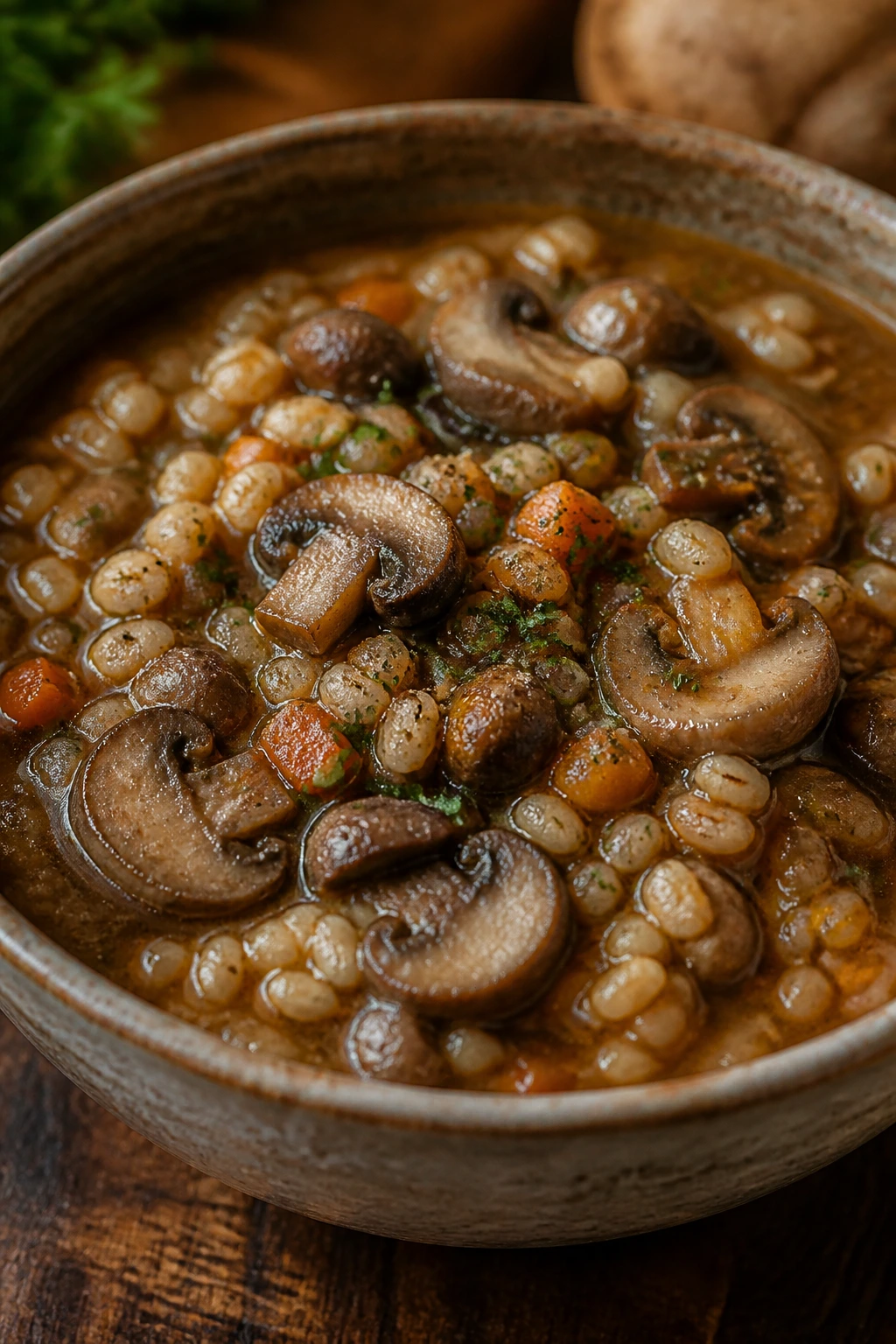 Close-up of Mushroom Barley Stew in a rustic bowl with mushrooms and barley