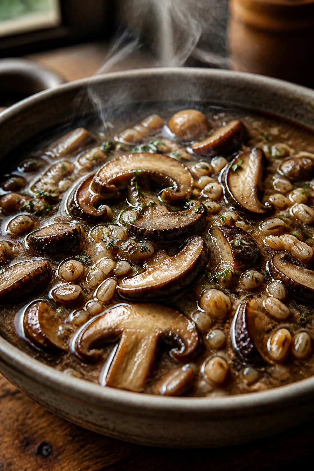 Close-up of mushroom barley stew in a rustic bowl with steaming broth