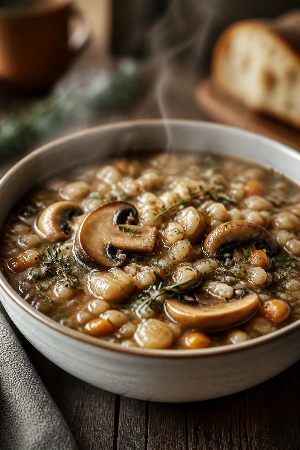 Close-up of mushroom barley stew in a rustic bowl