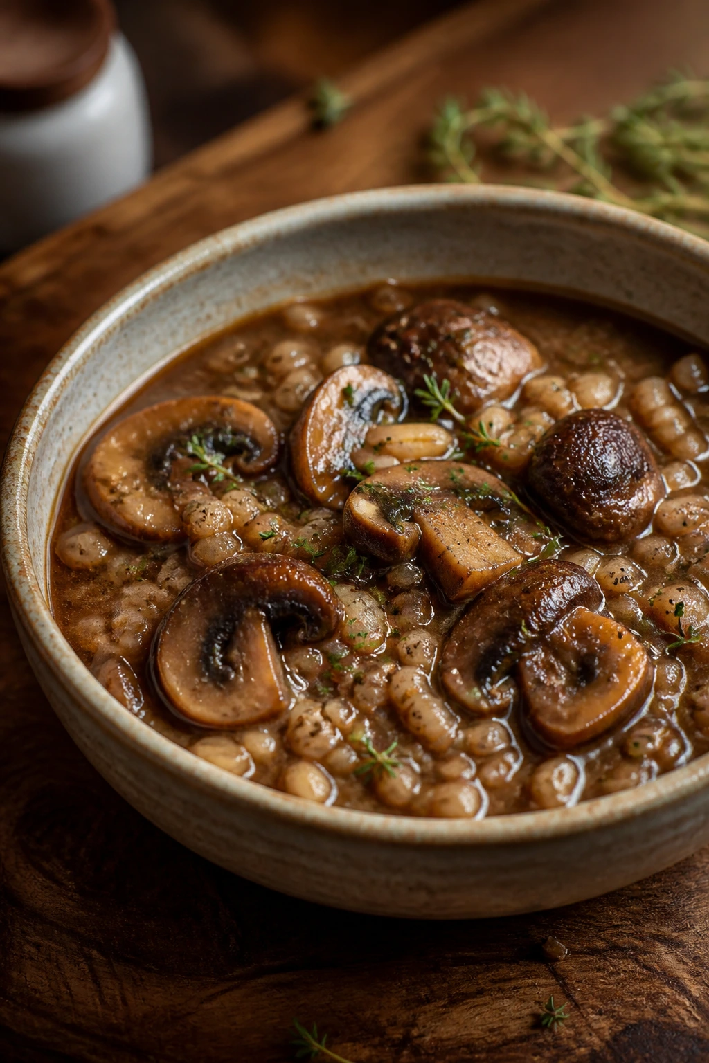 Close-up of mushroom and barley stew in a rustic bowl, warm kitchen lighting
