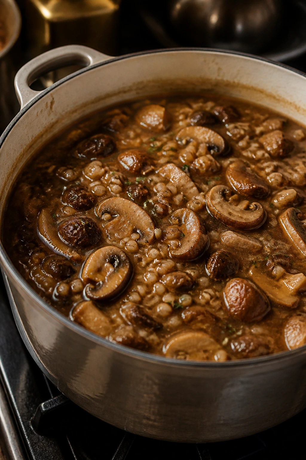 Close-up of mushroom and barley stew with sherry