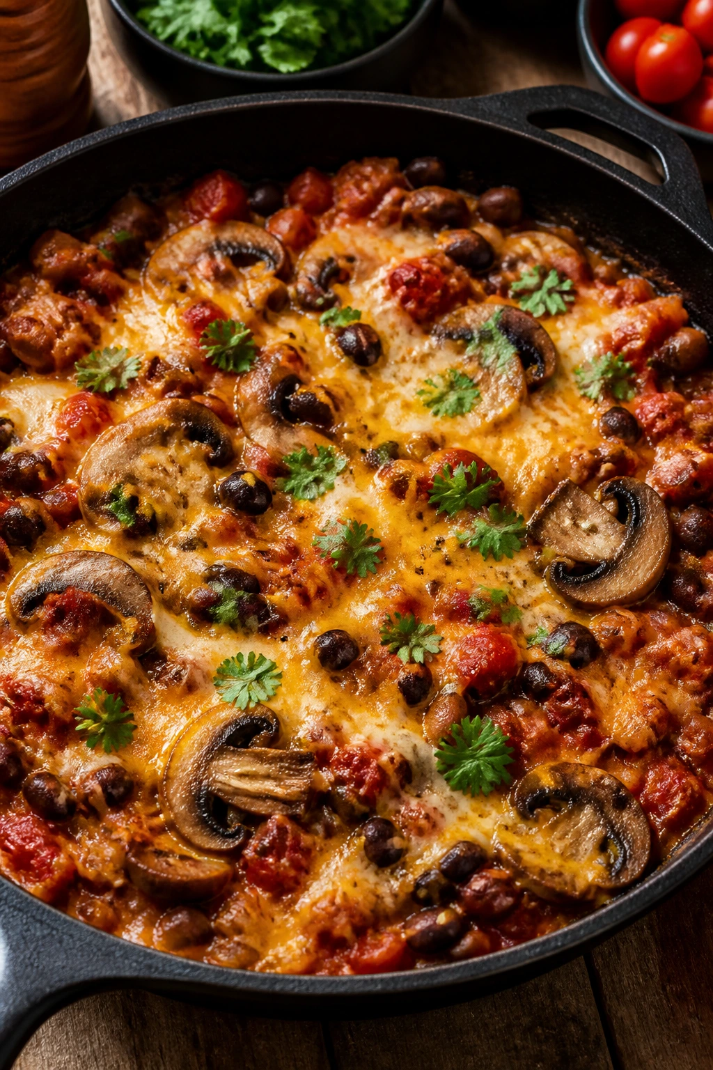 Skillet with mushroom and bean taco mixture, melted cheese on top