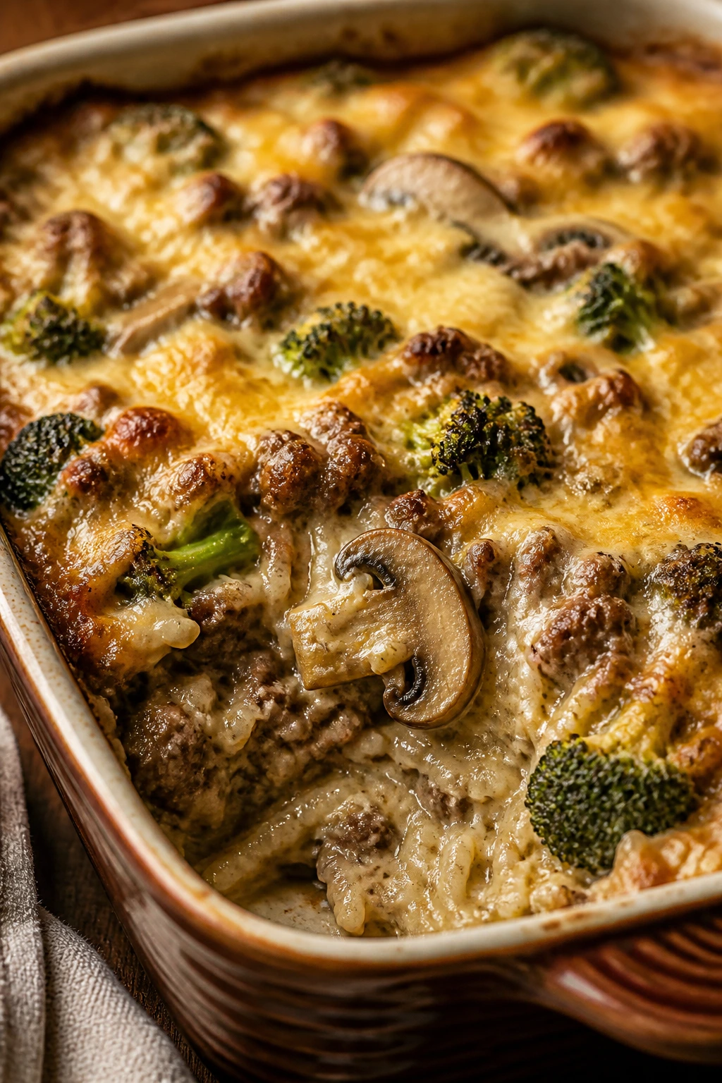Close-up of Mushroom Gravy Beef Broccoli Rice Casserole bubbling under a cheesy top