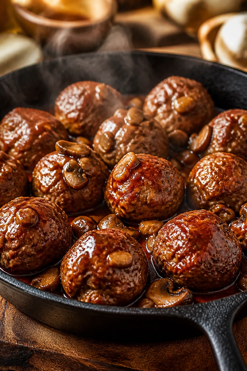 Close-up of Mushroom-Boosted BBQ Meatballs with visible mushroom bits