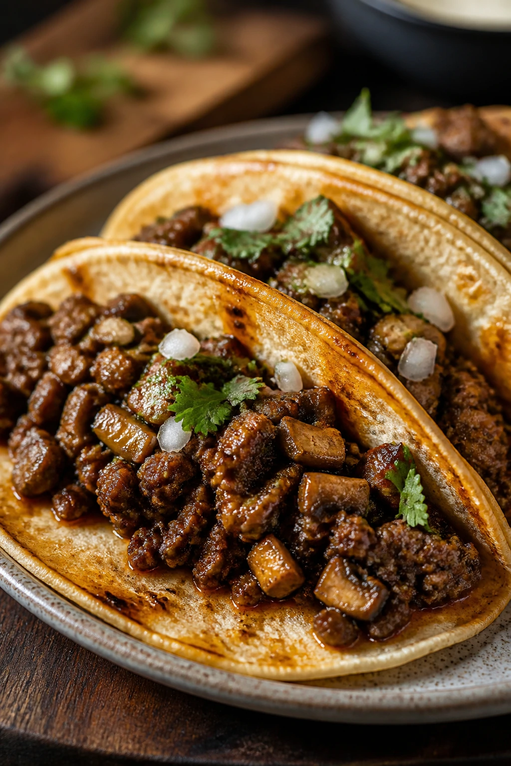 Beef tacos with mushroom-filled filling on plate