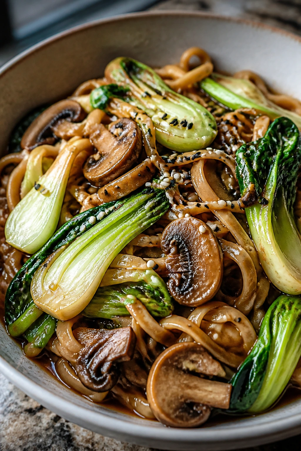 Close-up of Mushroom Bok Choy Egg Noodles with mushrooms and bok choy