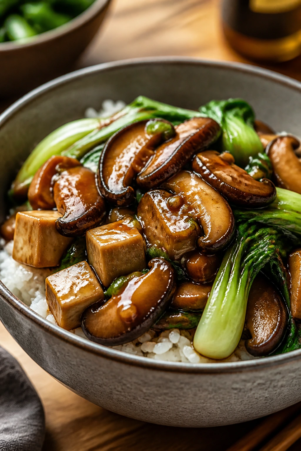 Close-up of mushroom and bok choy rice bowl with tofu and glossy sauce.