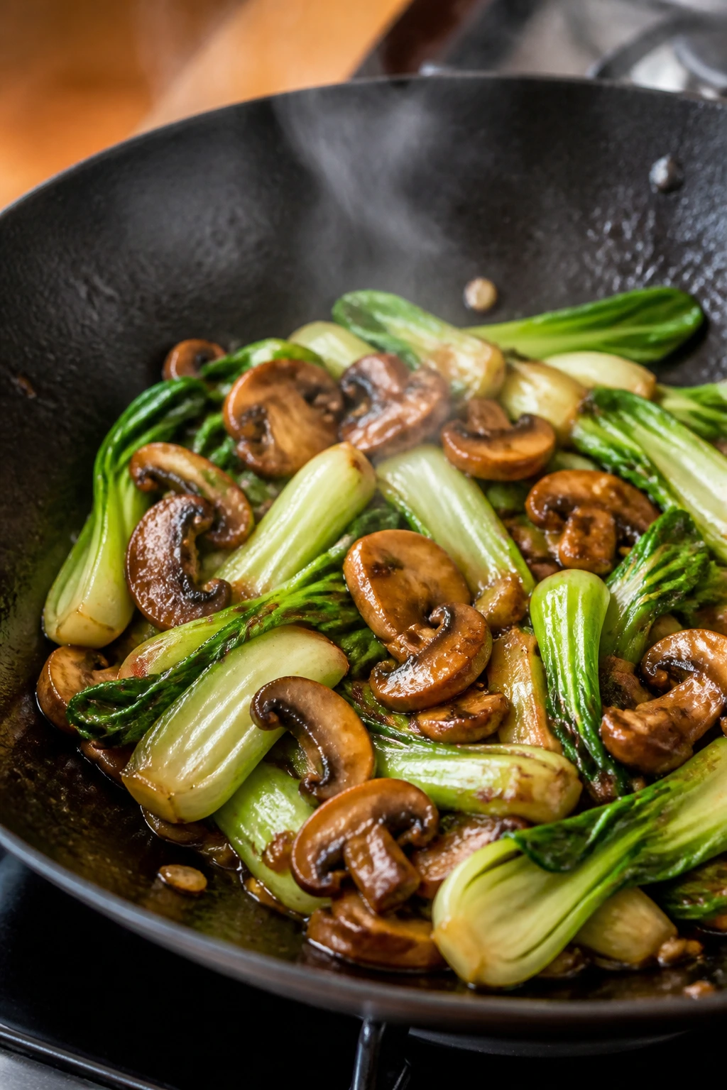 Stir-fry of mushrooms and bok choy in light sauce