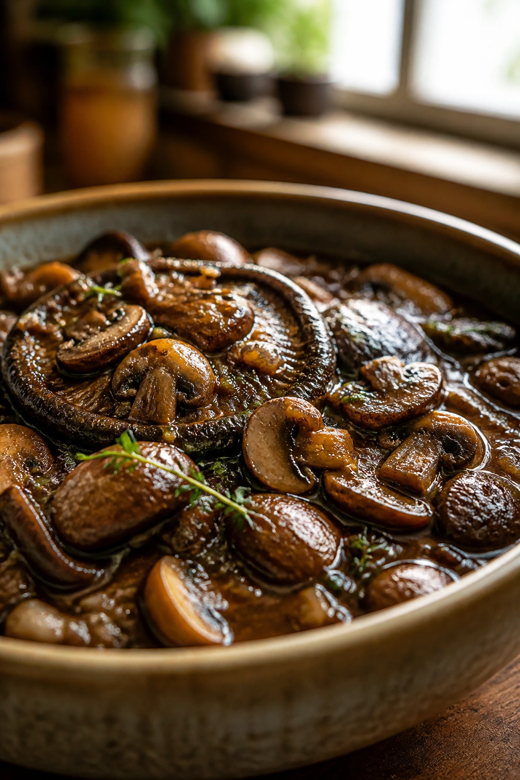 Meatless mushroom braise in a bowl with mushrooms in rich sauce