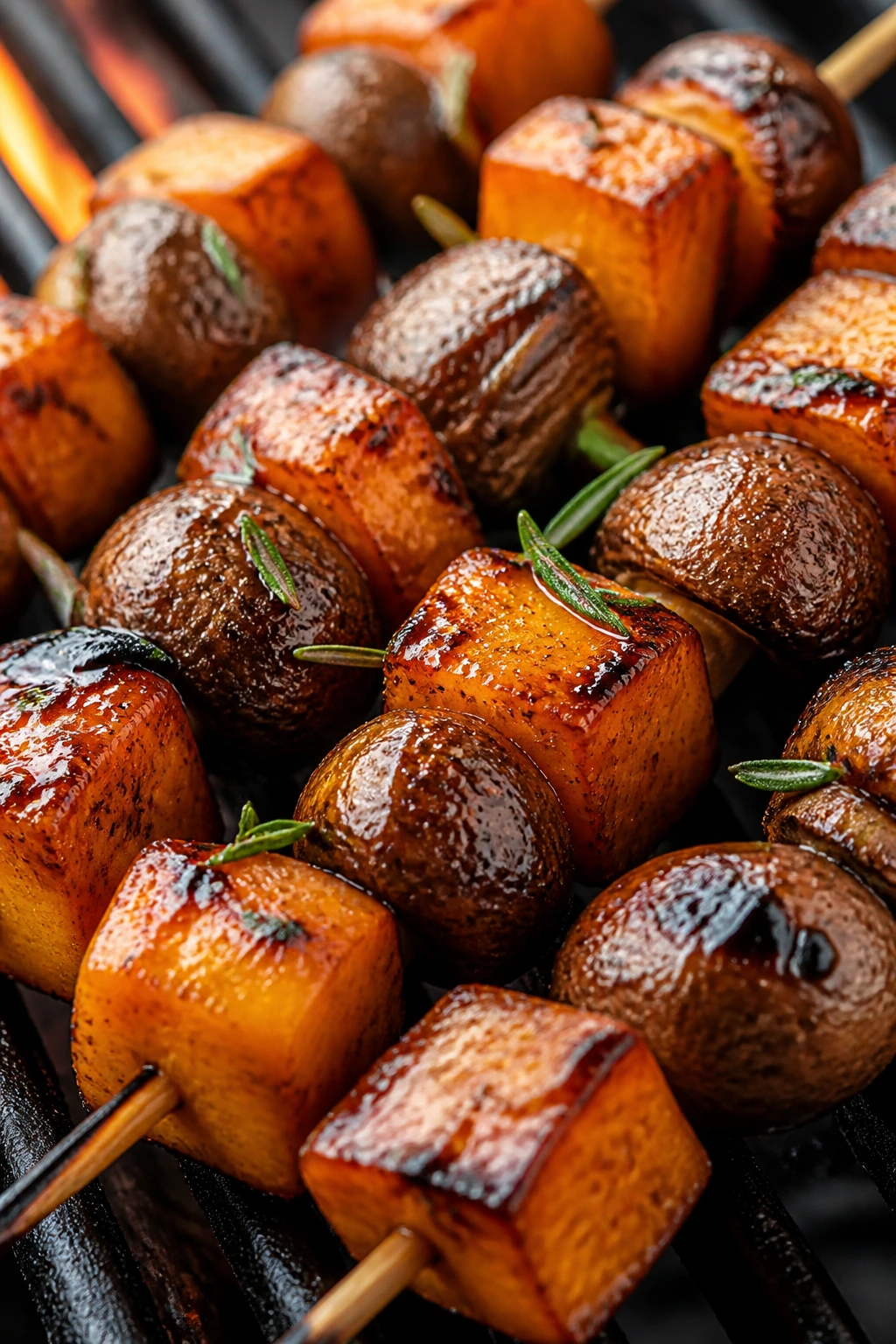 Balsamic glazed mushroom and butternut squash skewers on grill