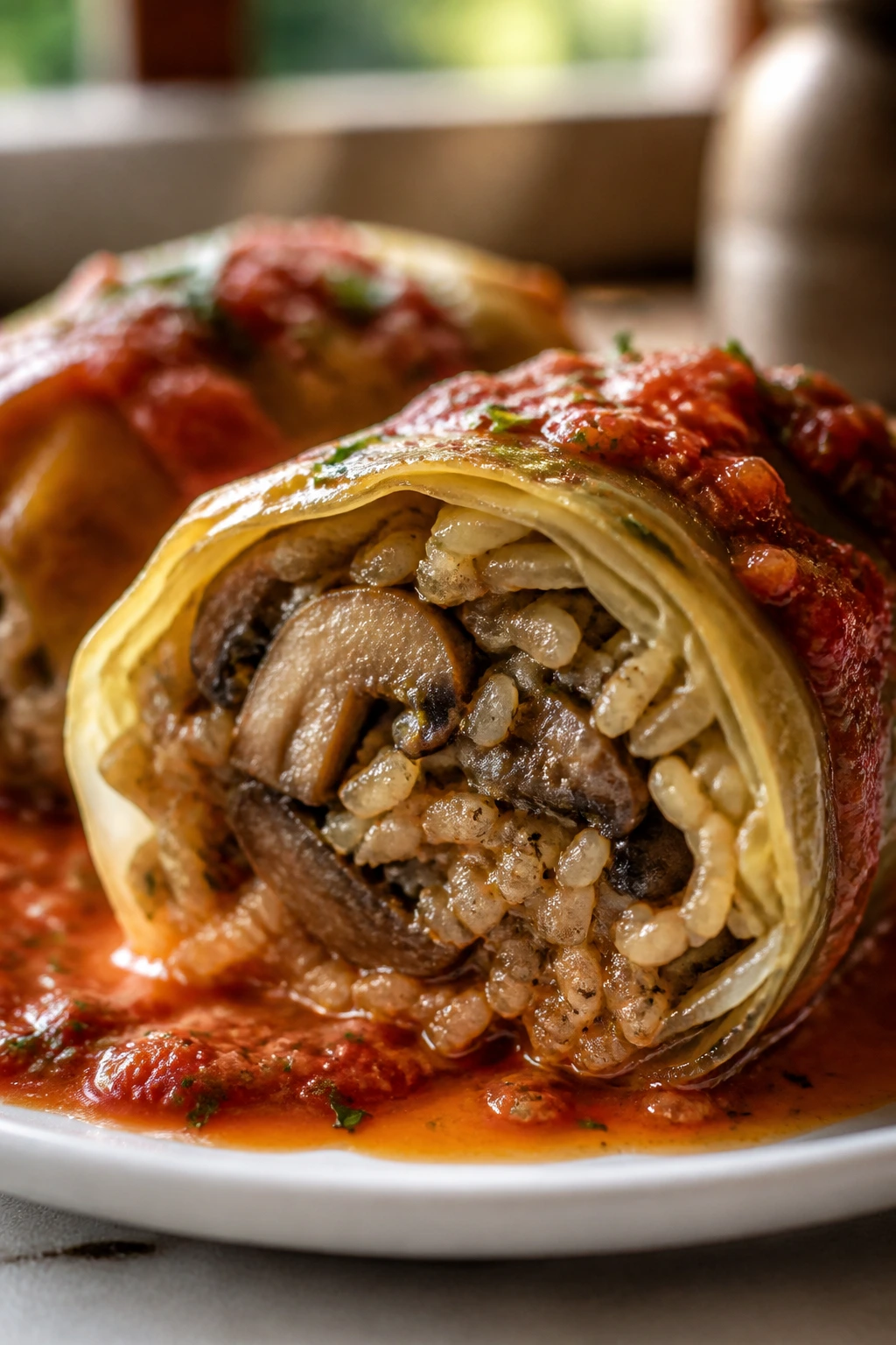 Cross-section of Mushroom and Cabbage Savory Roll showing mushroom and rice filling