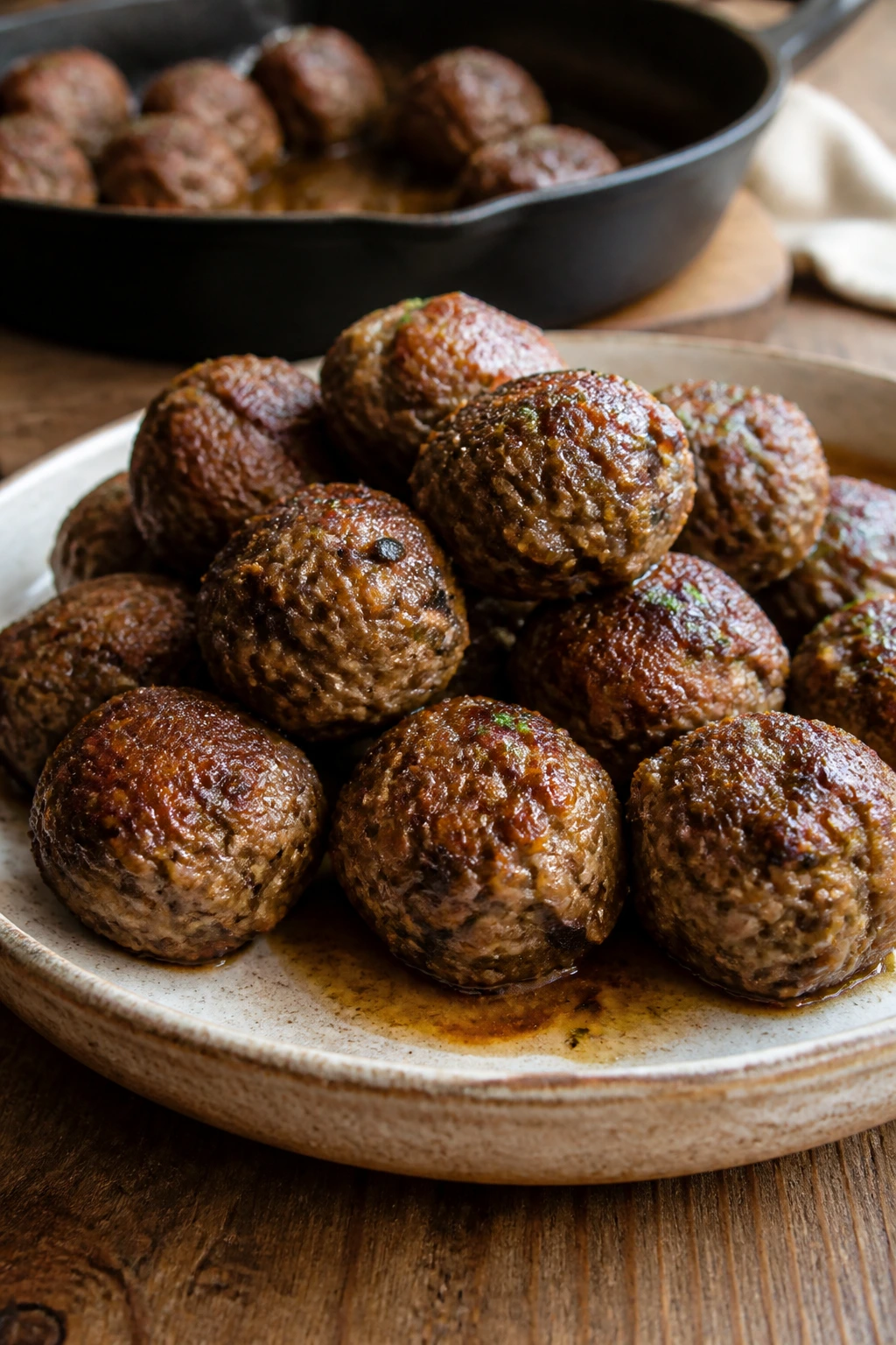 Close-up of mushroom duxelles beef meatballs on rustic plate with pan sauce