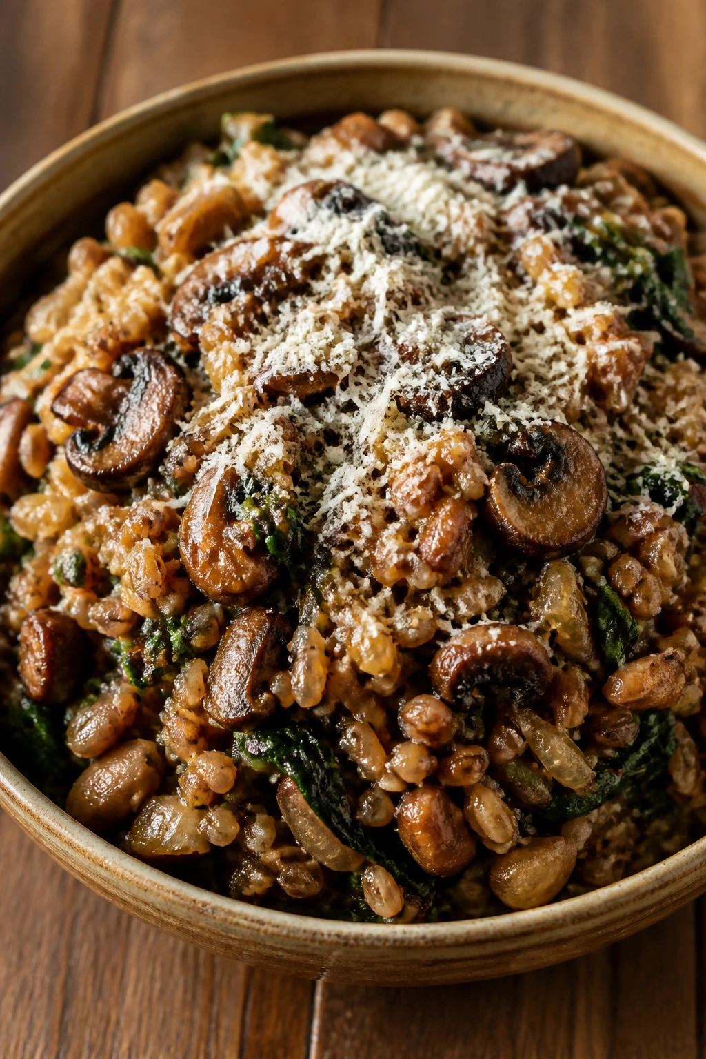 Bowl of mushroom farro pilaf with greens and parmesan
