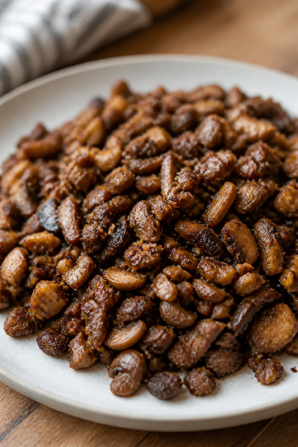 Close-up of browned mushroom taco filling on a plate