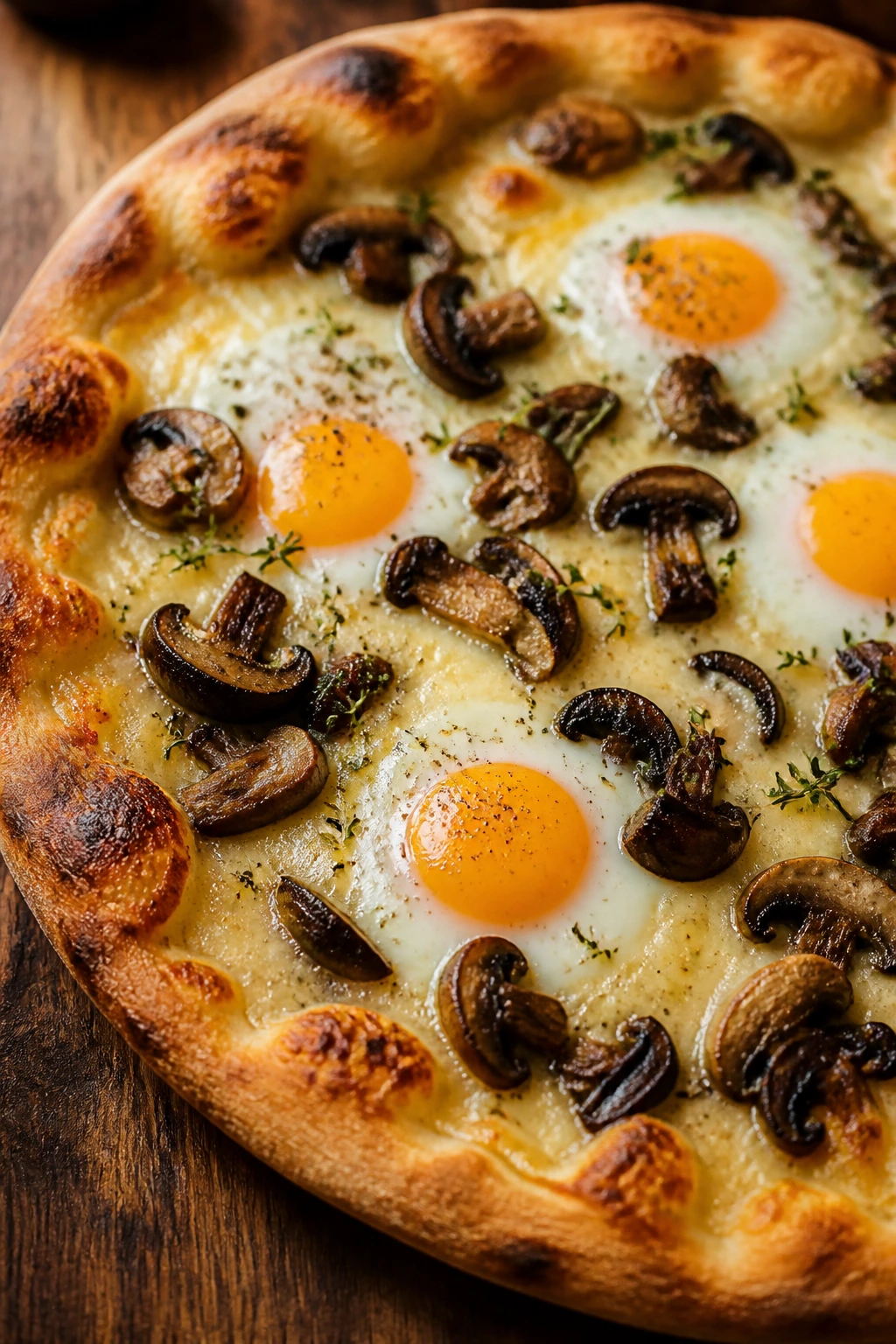 Close-up of mushroom fontina breakfast pizza with thyme