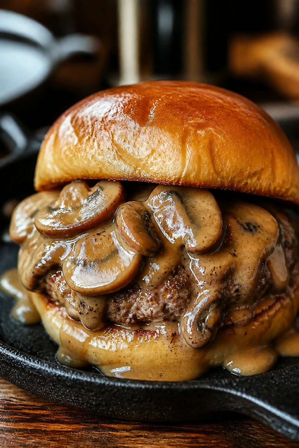Close-up of Mushroom Gravy Smothered Sliders with mushroom gravy and beef