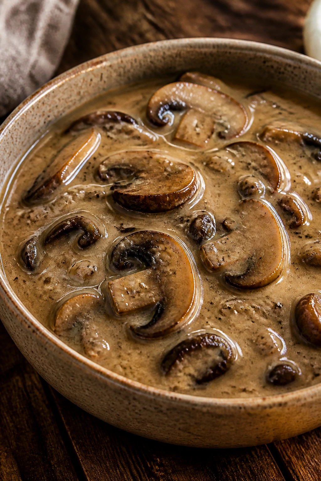 Thick mushroom gravy with visible mushrooms in a rustic bowl