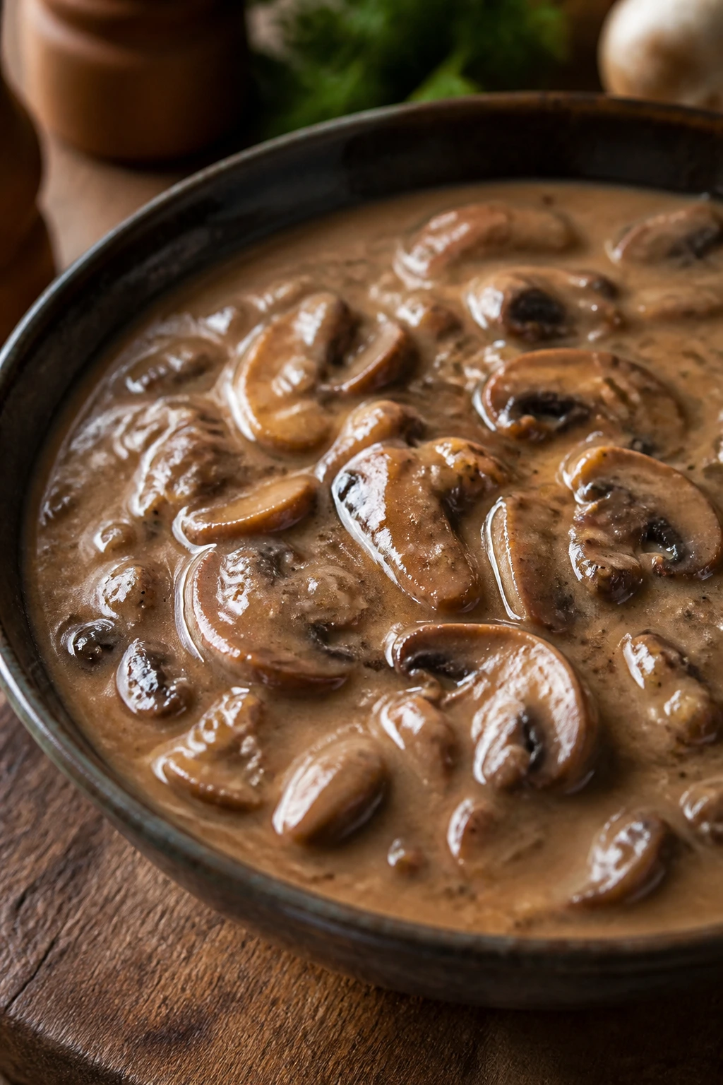Mushroom gravy in a rustic bowl on a wooden table