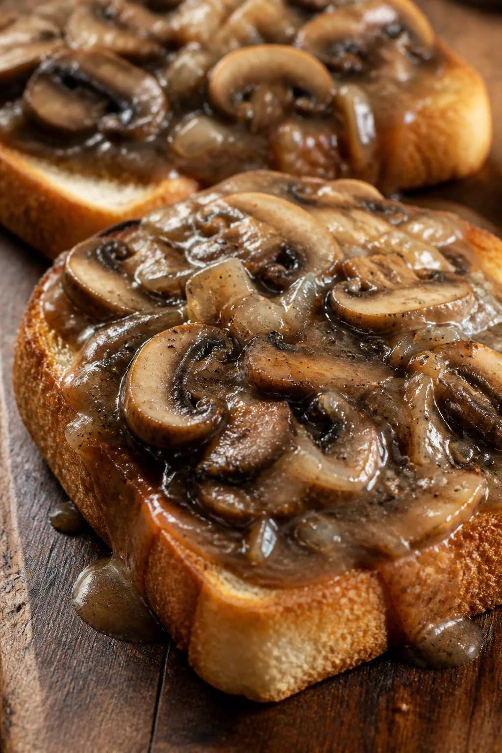 Toast topped with mushroom and onion gravy