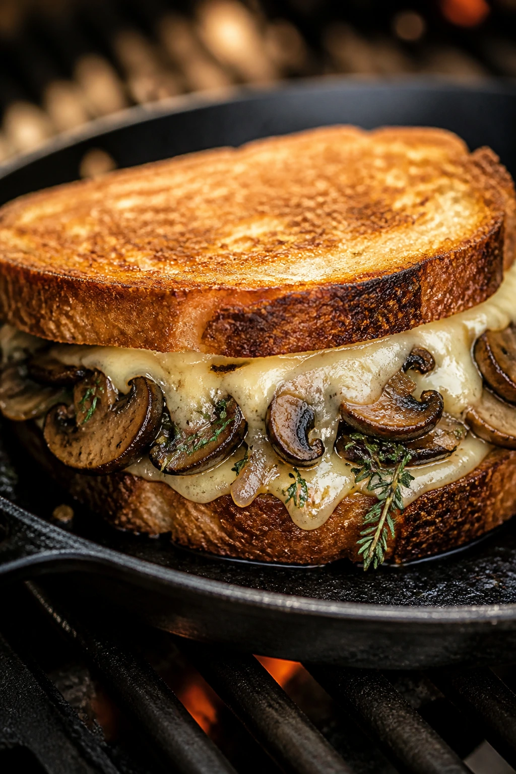 Close-up of mushroom and Gruyère melt on sourdough with melted cheese.