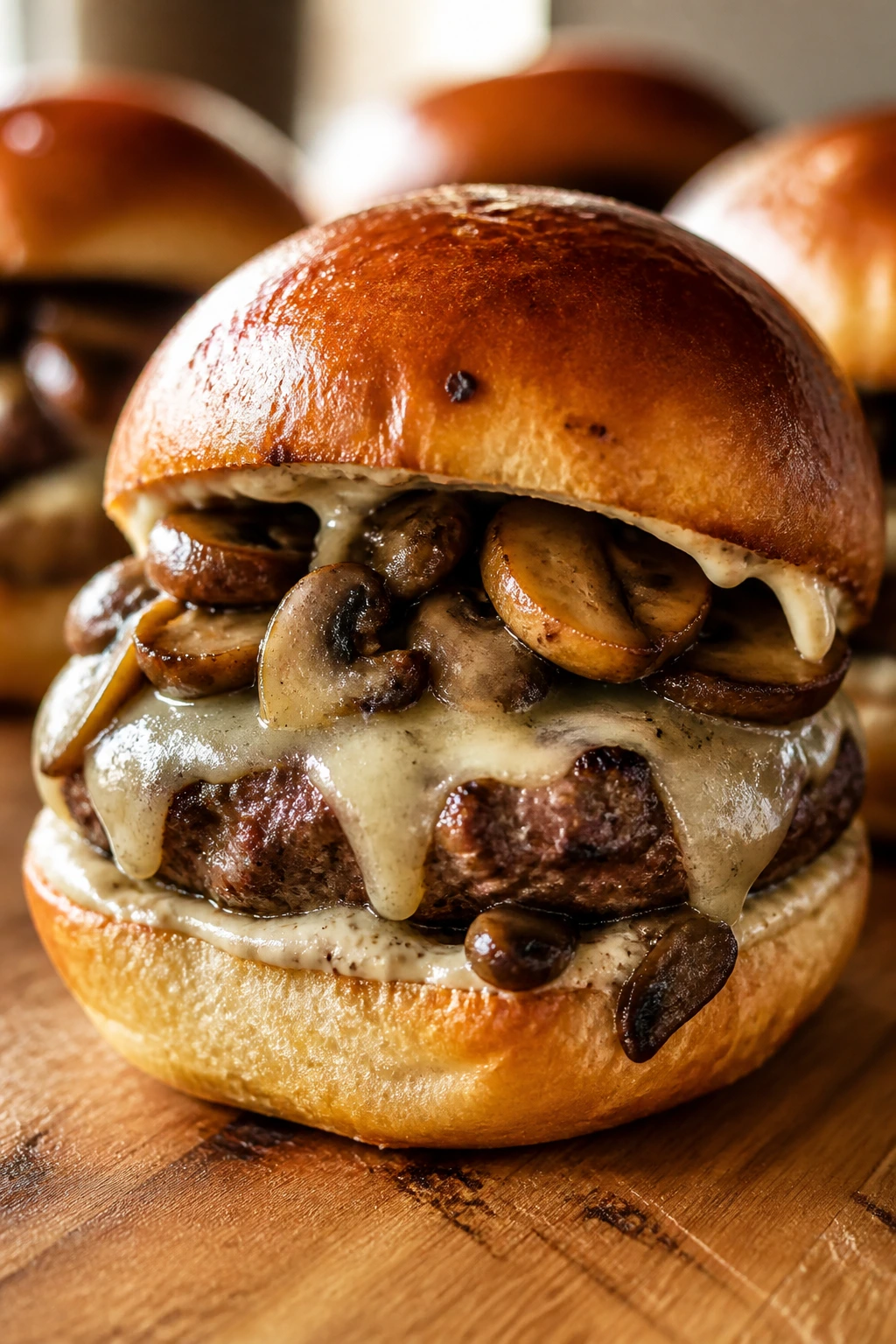 Close-up of Mushroom Gruyère Truffle Slider with mushrooms and melted cheese