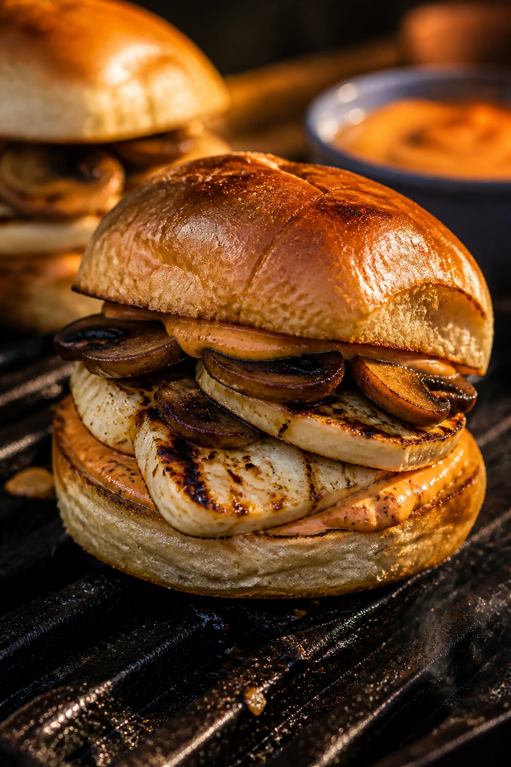 Halloumi and mushroom slider with browning edges on a toasted bun