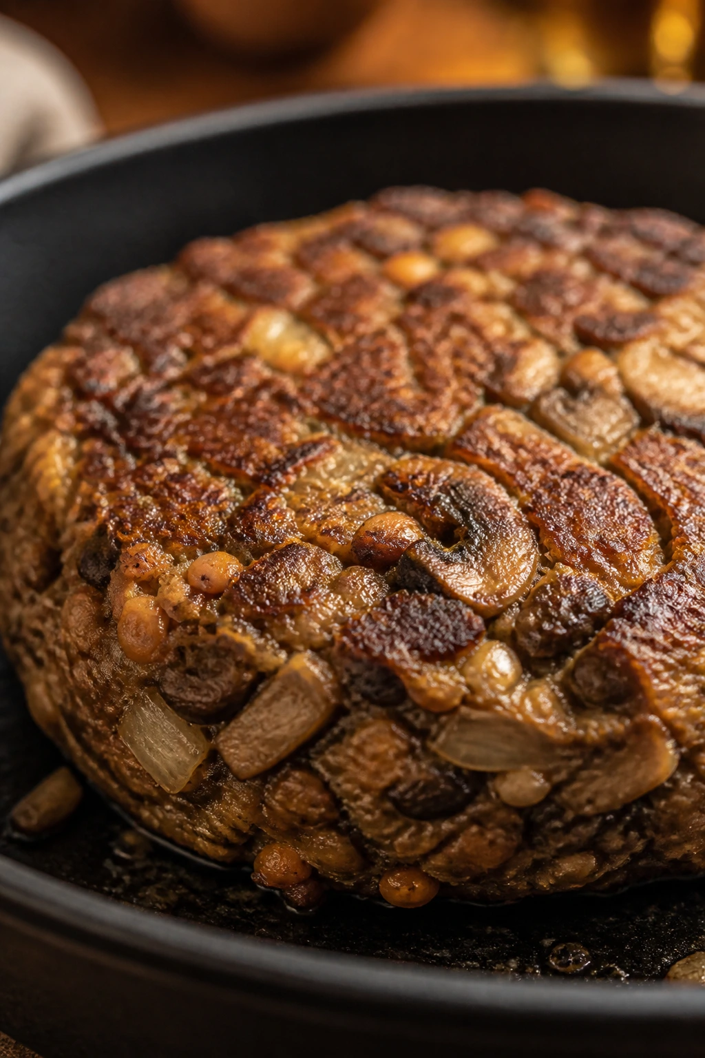 Close-up of mushroom-onion lentil burger patty
