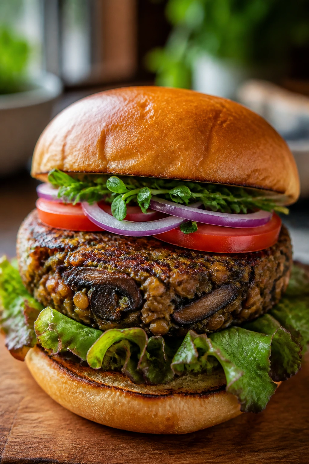 Close-up of a mushroom lentil burger on a bun with lettuce and tomato