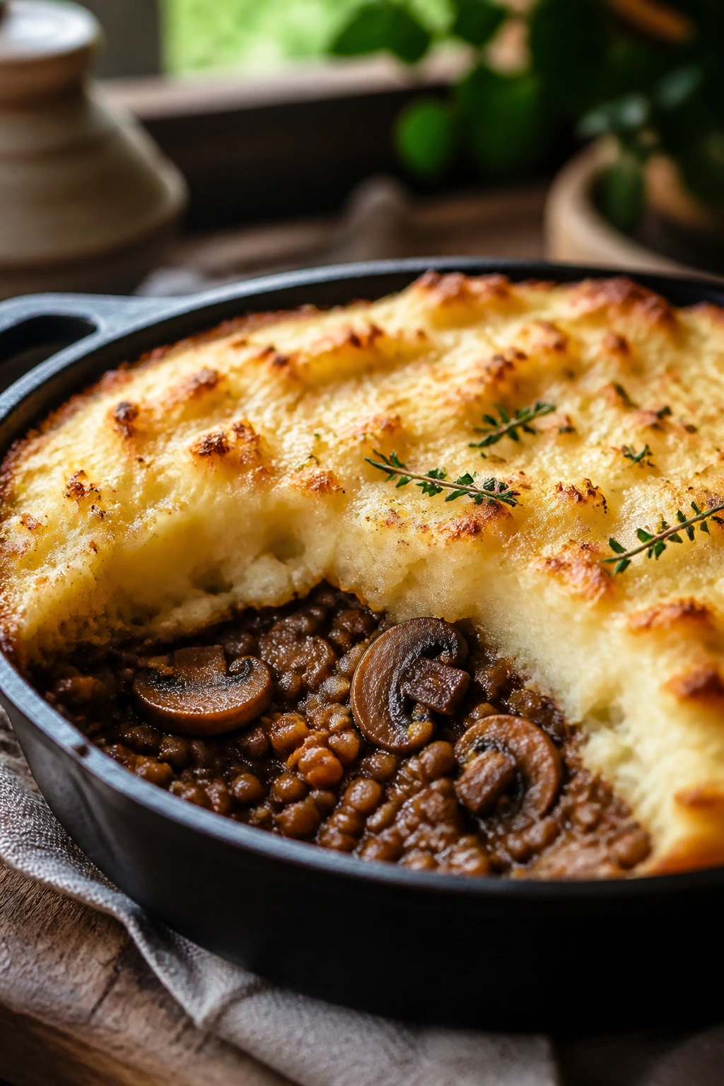 Close-up of mushroom and lentil shepherd’s pie with potato topping in rustic dish