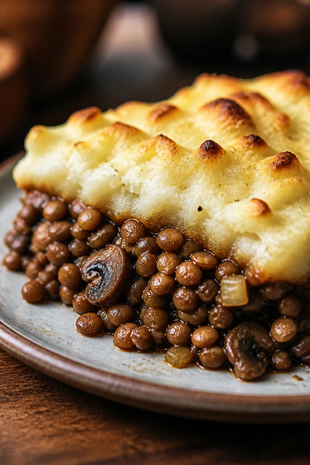 Plated slice of mushroom lentil shepherd's pie with potato topping